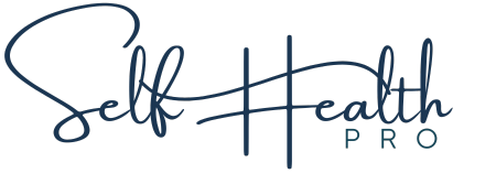 Logo with the words Self Health Pro written in elegant, dark blue cursive and uppercase lettering on a transparent background.